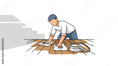 An illustration depicts a person polishing a wooden floor, with cleaning supplies present. Stairs are indicated in the background
