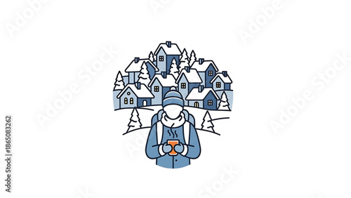 An illustration depicts a person in winter attire holding a warm drink in front of snow-covered houses and fir trees. The scene is cold