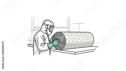 An illustration depicts a person in protective gear handling a large cylindrical object. The object has a geometric pattern. The person is working in a factory environment