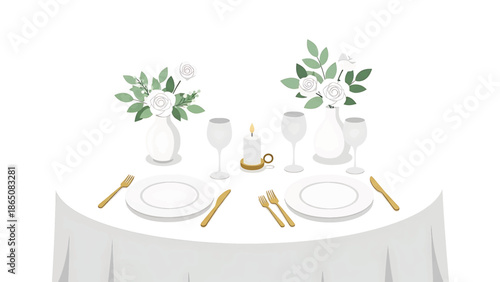 Elegant table setting with flowers, candle, plates and cutlery on white tablecloth