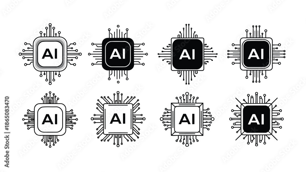 Obraz premium Artificial intelligence circuits and chips a collection of technological design elements