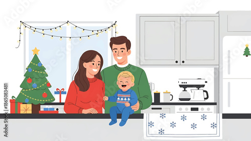 Family smiles in a kitchen with Christmas tree, lights, presents, coffee maker, and snowflake towel