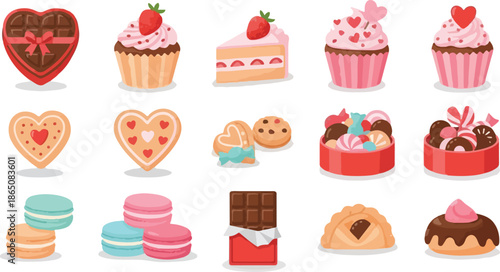 Valentine Sweet Dessert Icons Set with Chocolate, Cake, and Heart Candy