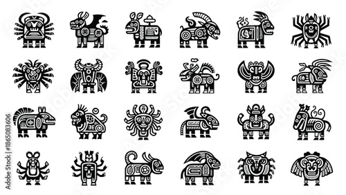 Ancient peruvian line art depicting various stylized animal figures and designs