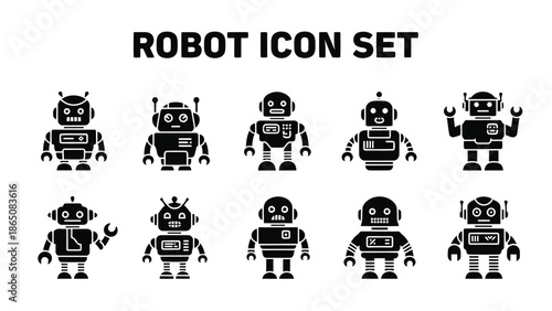 A collection of diverse robot icons in a simple black and white style