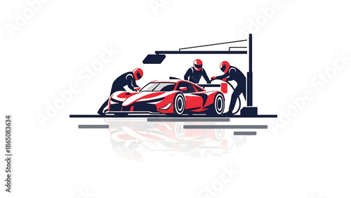 Graphic illustration depicting a red and white race car during a pit stop. Three figures work on the vehicle with a reflected image below