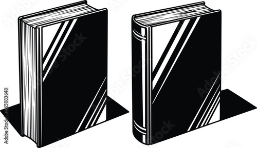 Hardcover books collection, standing closed books with shadows, black and white vector illustration, minimal library concept, education and knowledge symbol
