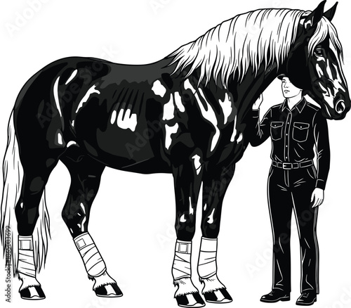 Horse and handler standing together, equestrian care and training concept, detailed black and white vector illustration, farm animal portrait, professional stable lifestyle