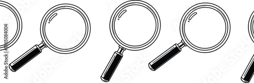 Magnifying glass icons set, search and inspection tools collection, black and white vector illustration, minimal line art symbols for analysis