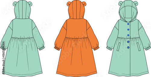 Kids hooded coat technical fashion flat sketch front back view colorful outerwear apparel design template, cad drawing flat vector illustration