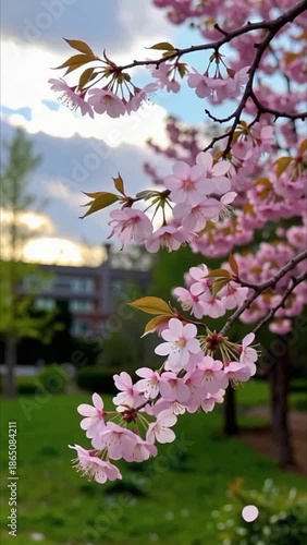 Falling Pink Cherry Blossom Petals in a Park Setting pink flower spring