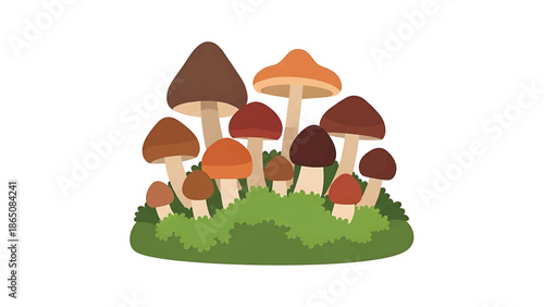 Cartoon mushrooms sprout from a green moss patch, varying in color and size, against a white background