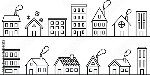 Minimalist winter city skyline outline vector set featuring simple house icons, apartment buildings, smoking chimneys, and snowflakes for neighborhood architectural design.