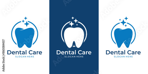 Dental care tooth logo with sparkle icon