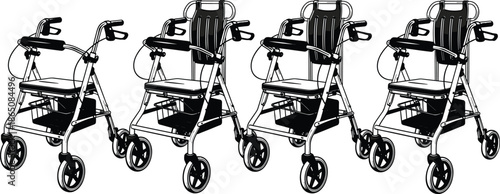Medical rollator walkers set, mobility walking frames with seats and wheels, black and white vector illustration, senior healthcare assistance equipment