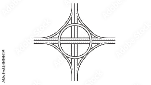 Black and white illustration of an interchange or intersection with a circular element in the center and radiating roads