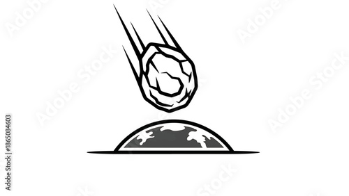 Black and white illustration depicts a celestial body, like a meteoroid, hurtling towards a planet. The style is simplistic