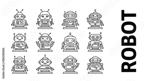 Line art illustration of various robots and the word robot in bold