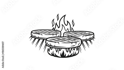 Black and white illustration of three circular objects grilling above flames, suggesting a cooking process. Features grill marks on top