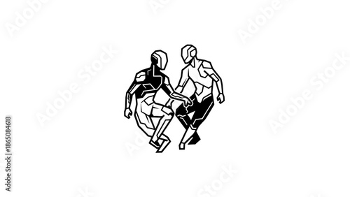 Black and white illustration of two abstract, geometric figures holding hands, appearing interconnected and unified in a minimalistic design