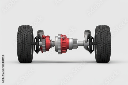 Automotive rear axle assembly with differential and wheels car part automobile mechanical