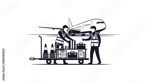 Black and white illustration of two ground crew workers near an airplane. One attends to a tool cart, the other gestures