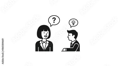 Black and white illustration depicts a conversation between two business people, one with a question mark and the other with a lightbulb