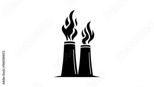 Black and white illustration of two industrial smokestacks emitting flames, positioned against a stark white background