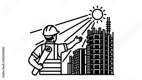 Black and white illustration depicts a construction worker surveying buildings under the sun's rays. Holding blueprints, the worker points at the structure