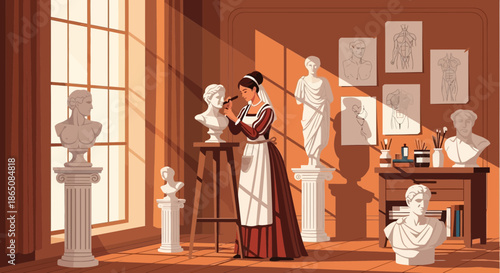 Woman Sculpting Bust in Art Studio with Natural Light.