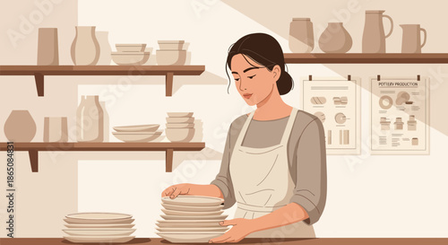 Woman Stacking Plates in Pottery Studio with Shelves.