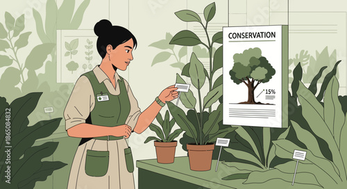 Woman tending to plants in a conservationfocused greenhouse.
