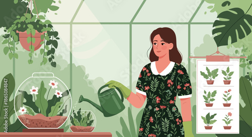 Woman tending to plants in a greenhouse watering terrarium.