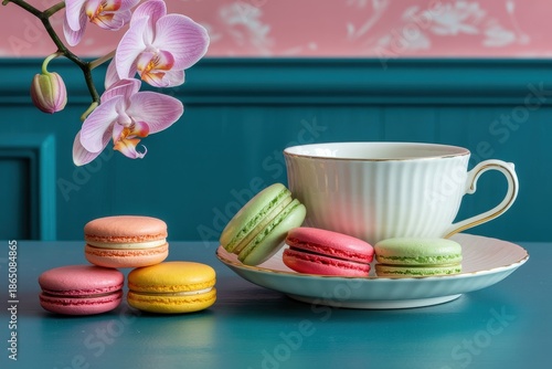 Pink orchid and colorful macarons with white teacup on teal table still life saucer