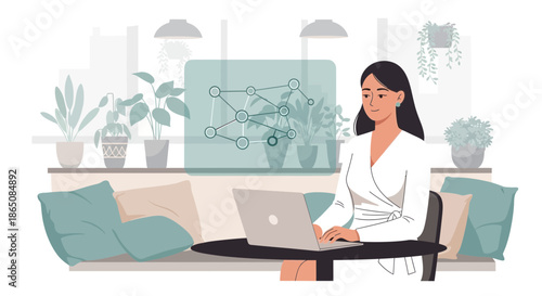 Woman working on laptop in cozy home office setting.