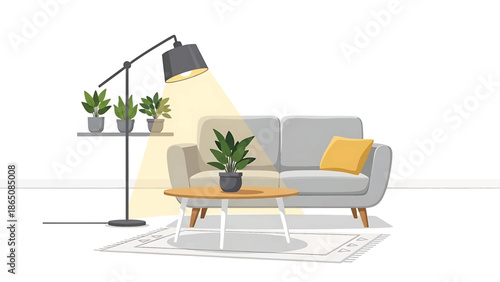 An interior scene featuring a gray sofa, a small wooden table, a floor lamp illuminating plants, and a rug