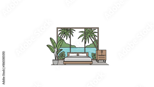 An interior illustration featuring a bedroom with a bed, dresser, and plants. A large window frames a tropical outdoor scene with palm trees
