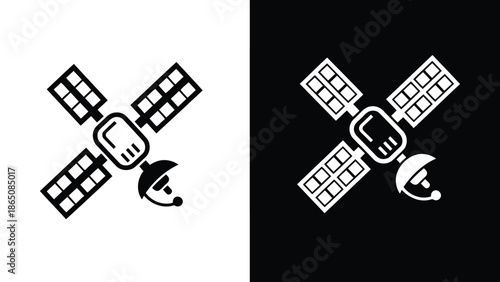 A depiction of a satellite in both positive and negative color schemes