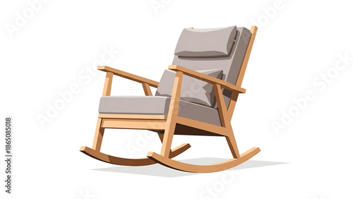 An illustration presents a wooden rocking chair, featuring armrests and cushioned back and seat. It includes a shadow on the floor