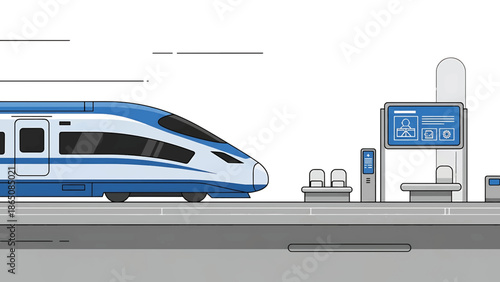 An illustration showcases a high-speed rail train at a station platform, featuring information screens, seating, and a modern design
