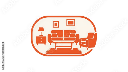 An illustration presents an interior scene within a stylized oval. It features orange furniture a couch, armchair, table, nightstand, rug, and framed pictures