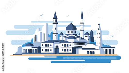 An illustration presents a stylized city, with various buildings in white and blue hues, including domes, minarets, and rectangular structures, near water. Small birds fly overhead