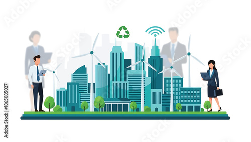An illustration depicts an eco-friendly urban scene with skyscrapers, wind turbines, and wireless signal, along with businesspeople