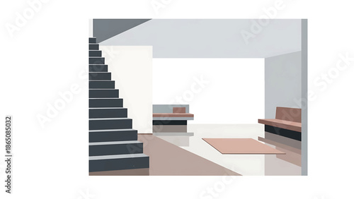 An interior illustration features a staircase, minimalist furniture, and a rug. Clean lines and muted tones create a modern aesthetic. The focus is on space and light