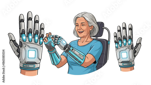 An illustration depicts an elderly woman seated with multiple robotic prosthetic hands. She interacts and smiles with one while others are in view