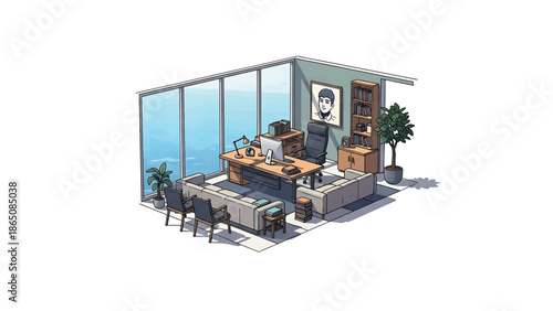 An isometric cartoon illustration depicts a stylish office space with a large window overlooking a vast body of water. Furnishings include a desk, couches, and bookshelves