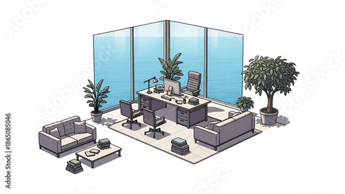 An isometric cartoon depicts a modern office with large windows overlooking a blue body of water, complete with furniture and plants