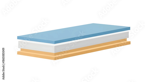An isometric illustration depicts a cross-section of a layered structure a blue top, a white layer, then a lighter brown base
