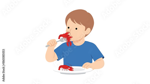 An illustration depicts a young person holding a fork with a cooked red crustacean. The crustacean is positioned near the face, and another sits on a plate