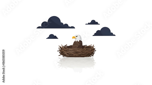 An illustration depicts an eagle perched in its nest with dark clouds overhead, reflection on a white surface
